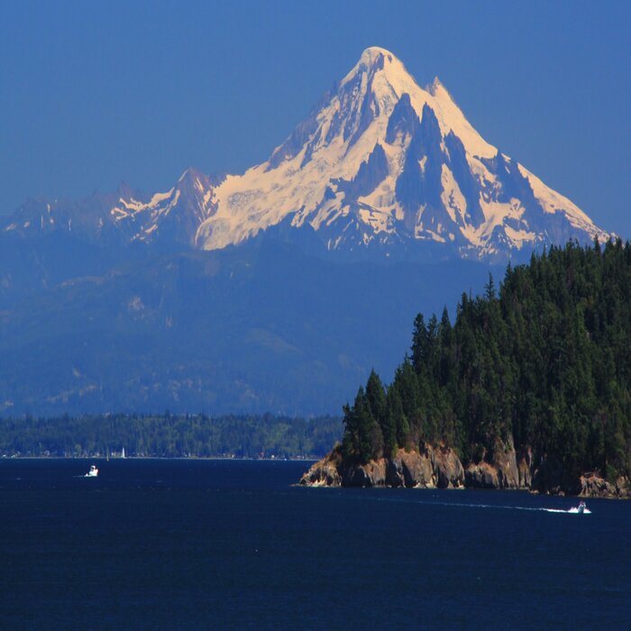 View of Puget Sound with Mount Rainier rising in the distance